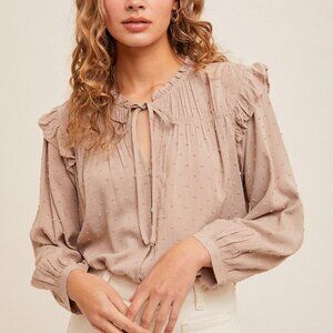 HEM & THREAD Taupe Swiss Dot Ruffle Blouse, Long Sleeve Tie Neck Top, Feminine